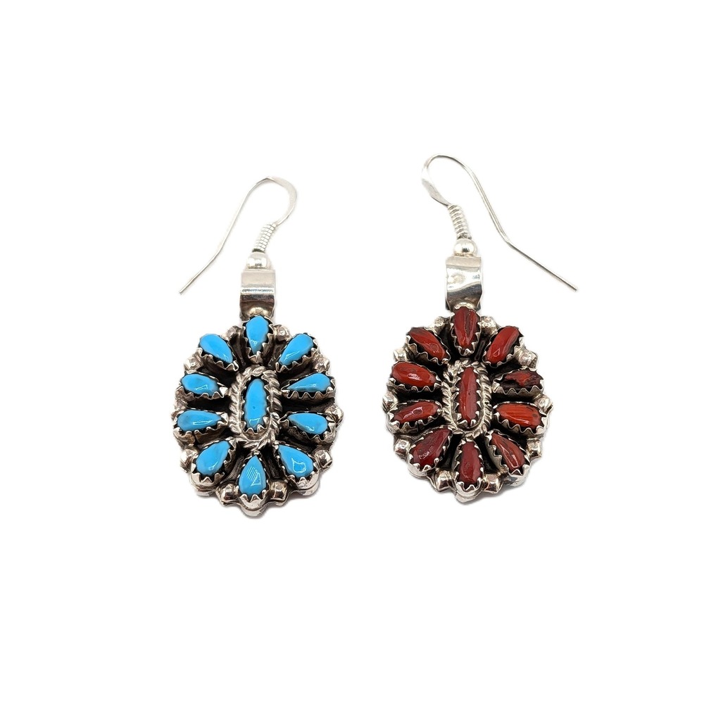 Navajo Reversible Cluster Earrings‎ Kingman Turquoise & Red Coral Jewelry **